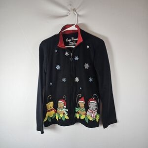 Onque Casuals Black Jacket with Holiday Embroidery Cats Zip Front Sz Med